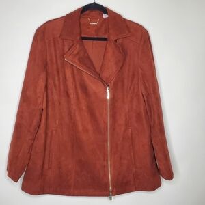 Chico's Faux Suede Moto Jacket Long-line Size 16/18 2-Way Zip Lined Stretch Edgy